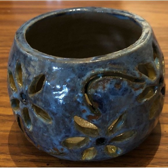 Art Pottery Candle Holder Blue Glazed Cut Out Flowers Signed 2 3/4” x 3 1/2 - Picture 1 of 8
